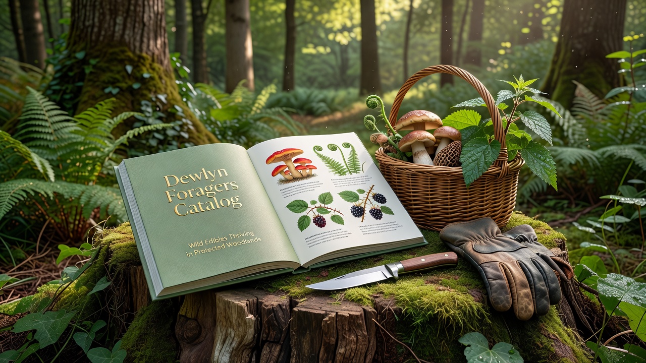 Close-up of cataloged wild edibles growing in Dewlyn protected woodlands