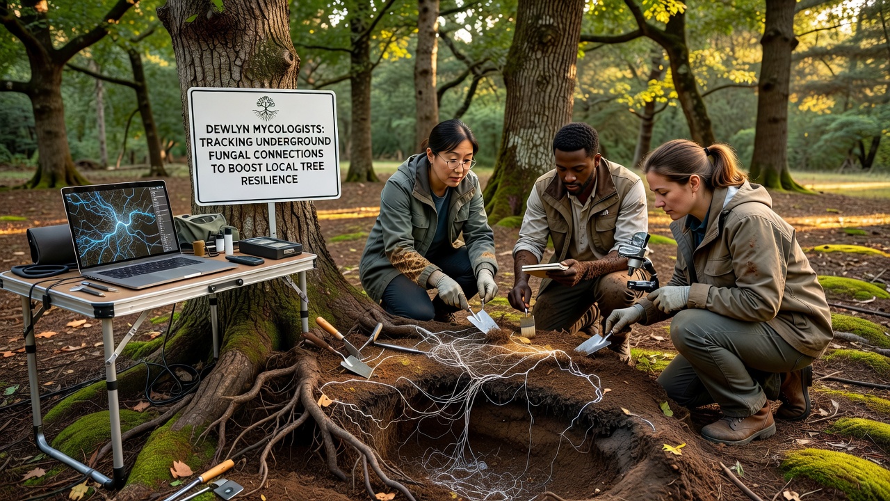 Close-up view of mycorrhizal fungi strands connecting tree roots beneath Dewlyn soil layers